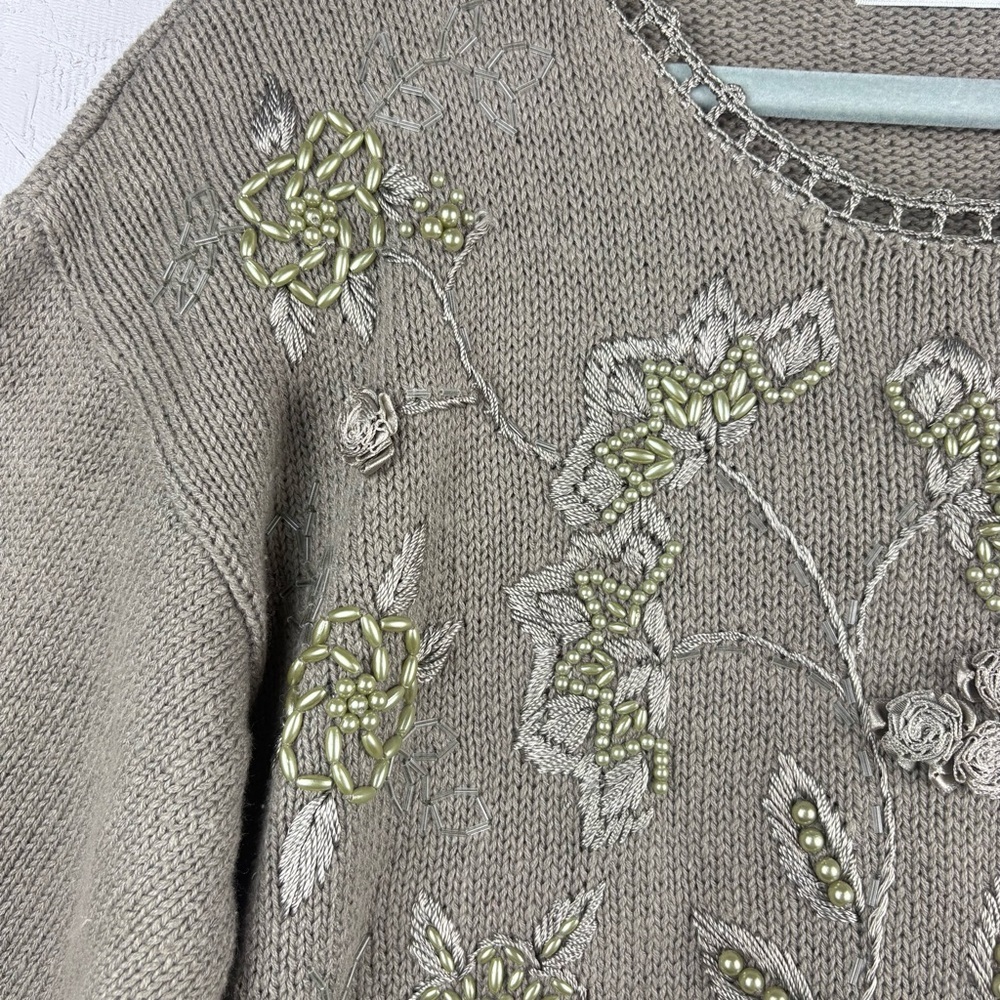 Vintage Shenanigans Embroidered and Beaded Beige Crocheted Sweater L - Picture 5 of 11